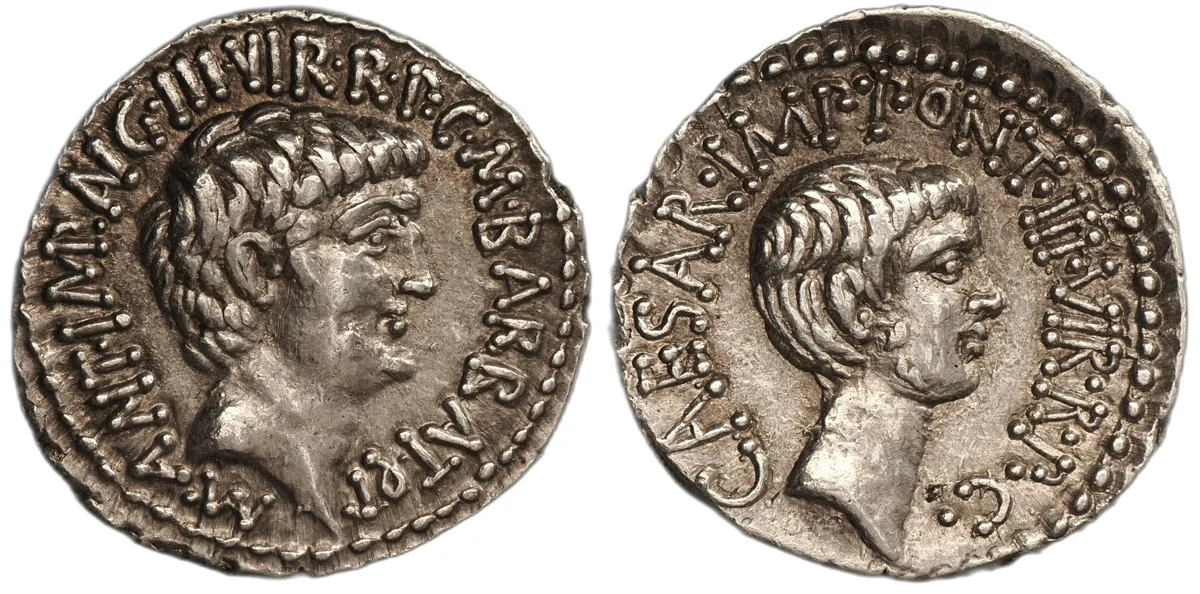 Mark Antony and Octavian. AR Denarius