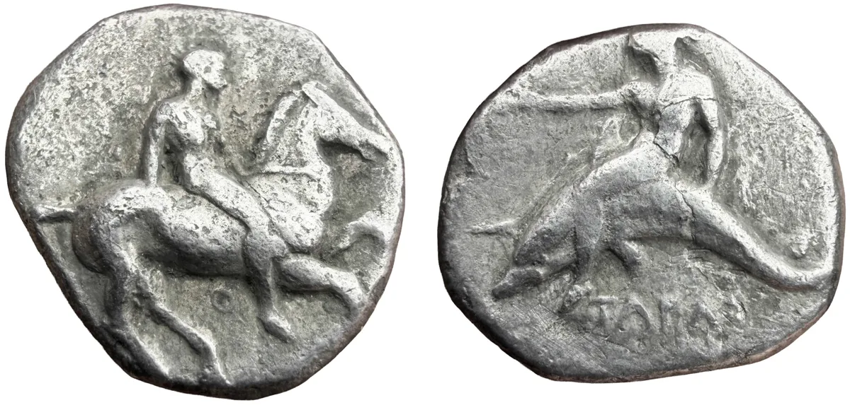 CALABRIA, Tarentum. 365-355 BC. AR Didrachm or Nomos.
