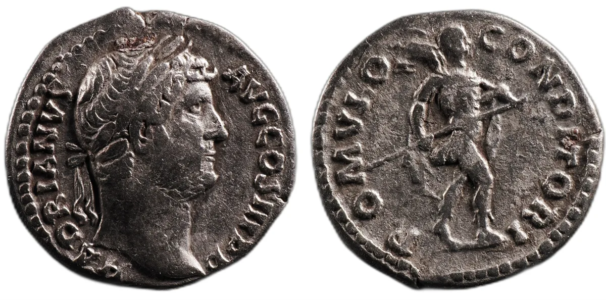 Hadrian AR Denarius, Rome AD 130, Romulus advancing, ROMVLO CONDITORI