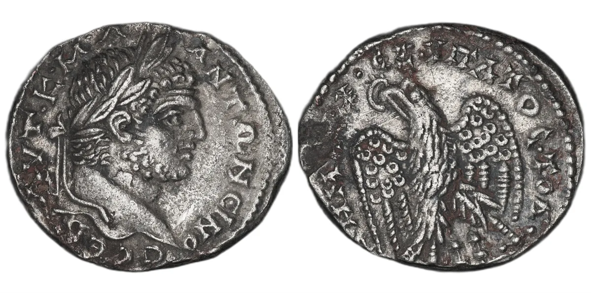 Caracalla billon tetradrachm, Tripolis Phoenicia, AD 213, eagle with wreath