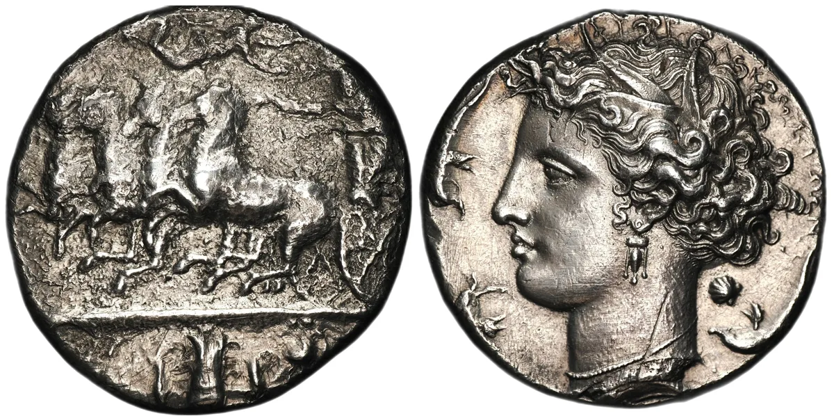 Sicily, Syracuse. AR Decadrachm, unsigned dies of the Euainetos master