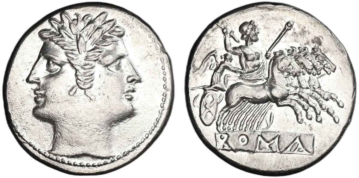 Rome. Anonymous. Circa 225–214 BC. AR Quadrigatus