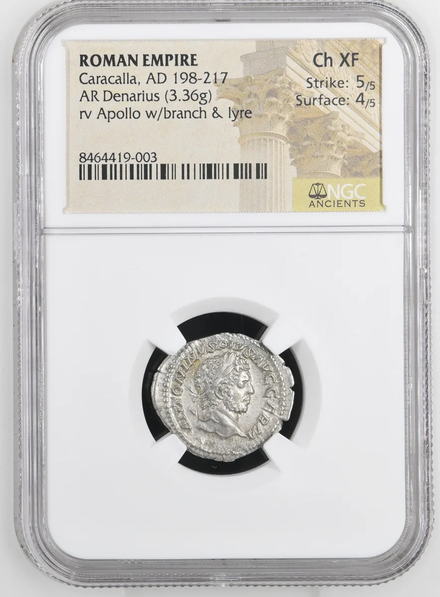 NGC Ch XF Caracalla Scarce Silver Denarius Apollo Lyre Rome 214AD