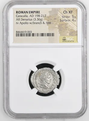 NGC Ch XF Caracalla Scarce Silver Denarius Apollo Lyre Rome 214AD