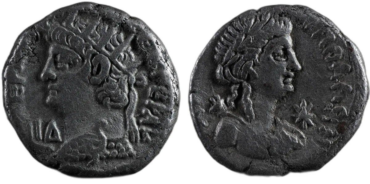 Nero AR Tetradrachm, Alexandria, RY 14, Actian Apollo, star, radiate left