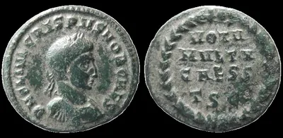 Roman Crispus as Caesar. 317-326 AD (Struck AD 318-319) Æ 19.9mm 2.82gm Silvered Nummus, Thessalonica, Well struck on a nice full flan. Ch EF. Original silvering
