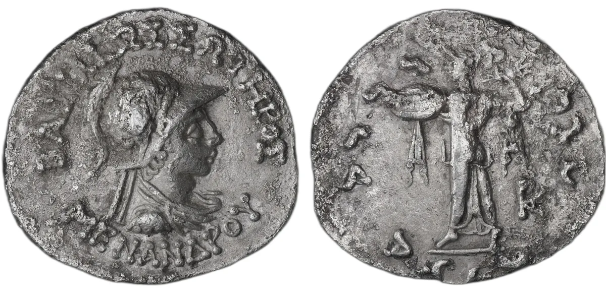 Menander I Soter AR Tetradrachm, Athena Alkidemos, Bilingual, c.165–130 BC