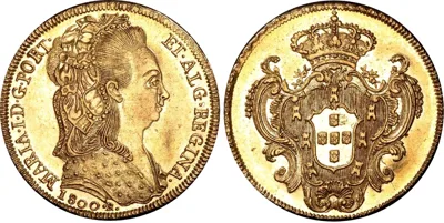 1800 R Brazil, Maria I (2nd type) 6400 Reis or Half Johanna in superb UNC lustrous