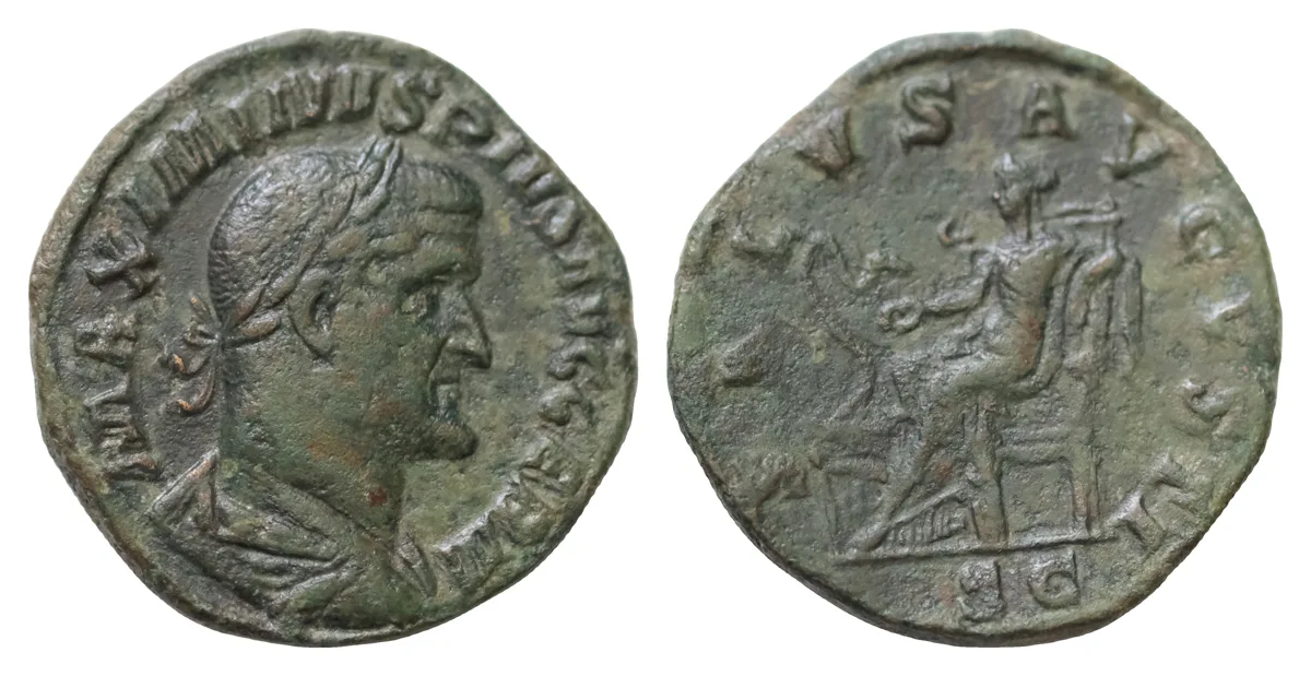 Maximinus I Æ30mm 19,66g. Sestertius. Rome, AD 235-236. IMP MAXIMINVS PIVS AVG, laureate, draped and cuirassed bust to right / SALVS AVGVSTI, Salus seated to left, feeding out of patera snake coiled