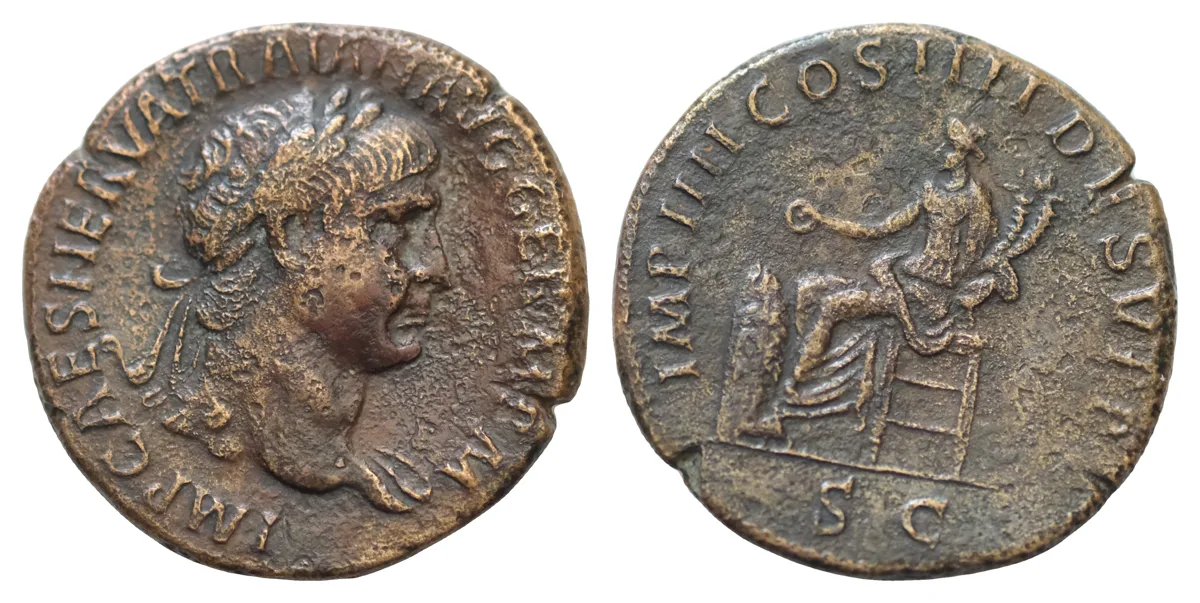 Trajan Æ 35mm 26,3g Sestertius. Rome, AD 102. IMP CAES NERVA TRAIAN AVG GERM P M TR P VI, laureate bust to right, slight drapery on far shoulder / IMP IIII COS IIII DES V P P, C