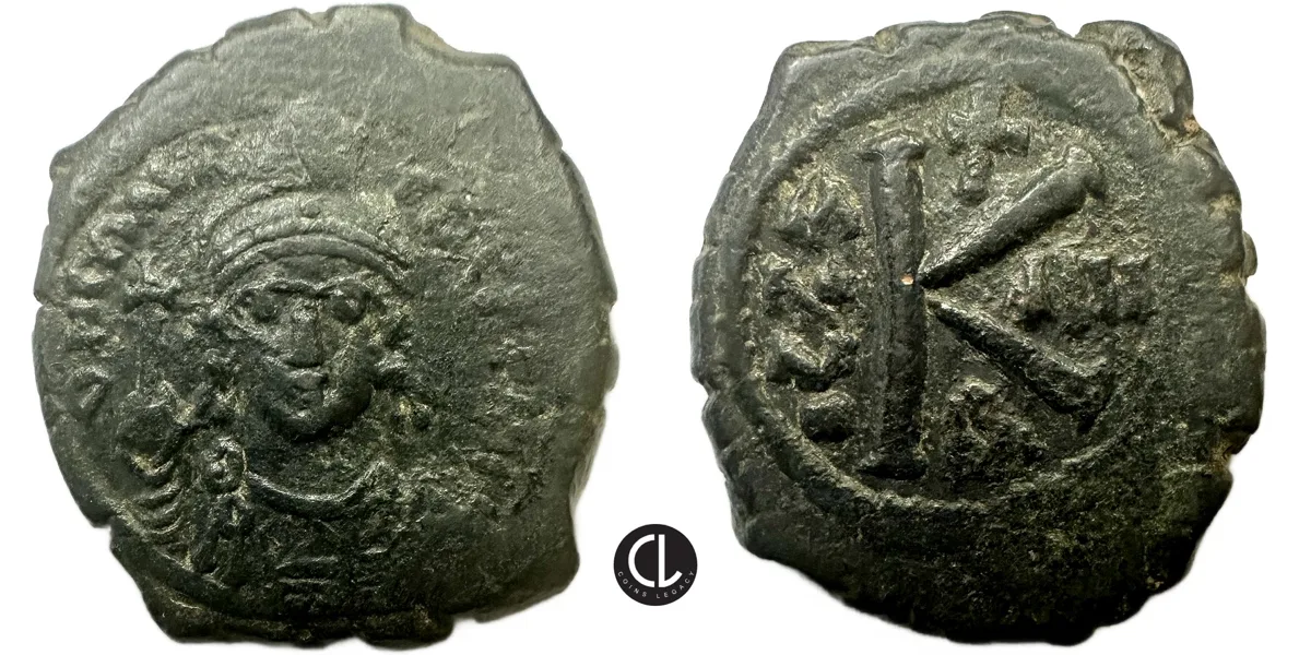 Maurice Tiberius, AE Half Follis, Constantinople Mint, AD 589/90