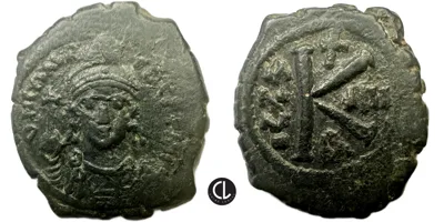Maurice Tiberius, AE Half Follis, Constantinople Mint, AD 589/90
