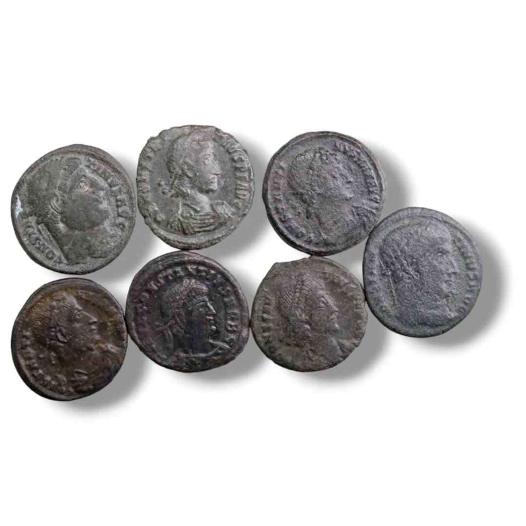 Lot of 7 Roman Bronze Coins – Constantine I, Constantius II, GLORIA EXERCITVS, Campgate, VOT Wreath, 4th C AD