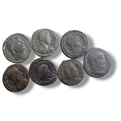 Lot of 7 Roman Bronze Coins – Constantine I, Constantius II, GLORIA EXERCITVS, Campgate, VOT Wreath, 4th C AD