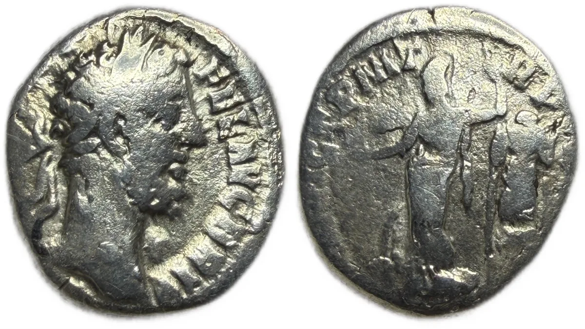 Commodus AR Denarius. Rome Victory with Trophy on right