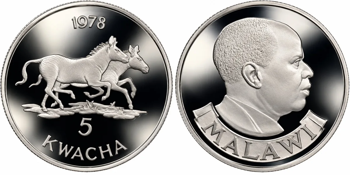 Scarce ! Malawi : 1978 Silver 5 Kwacha – Silver Treasure – President Hastings Banda