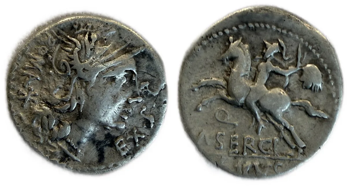 M. SERGIUS SILUS. Denarius (116-115 BC). Rome.