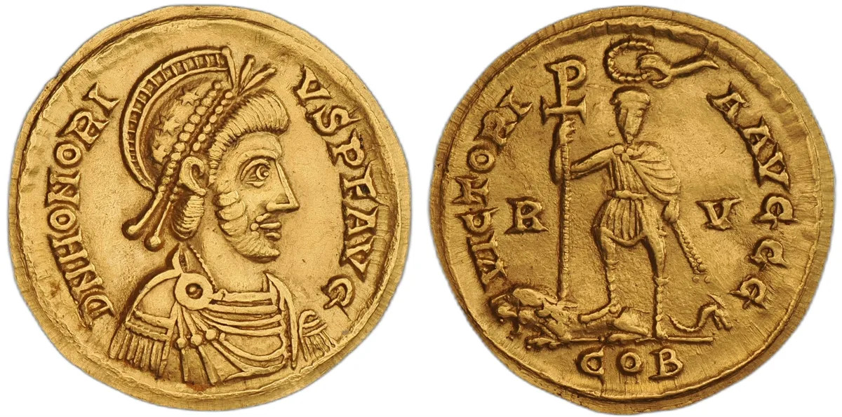 Honorius, AD 408-423. AV Soldius, Ravenna Mint.