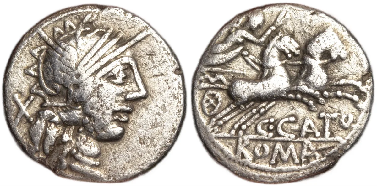 Roman Republic Silver Denarius 123BC C. Porcius Cato