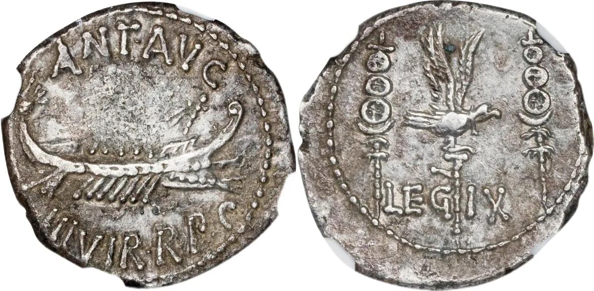 MARC ANTONY. AR Denarius (3.40 gms), Patrae (?) Mint, ca. 32-31 B.C.