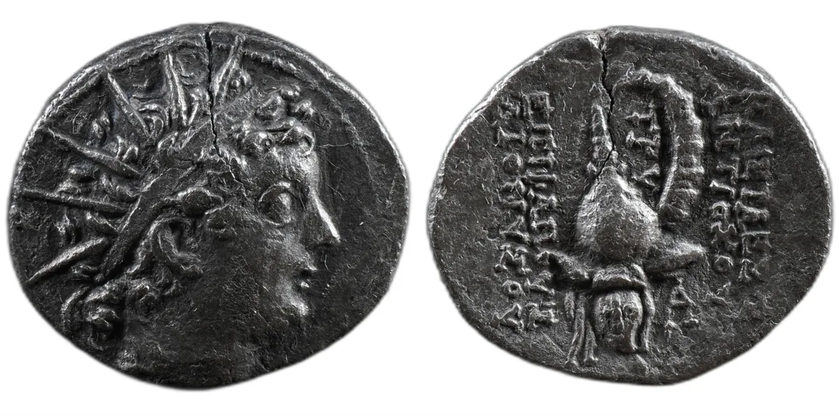Seleucid Antiochos VI Dionysos AR Drachm Antioch 143–142 BC spiked helmet