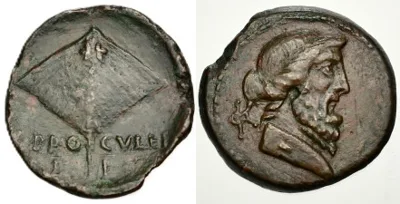 ISLANDS OFF ELIS, Kephallenia. Kephallenia. C. Proculeius, circa 30-28 BC. (Bronze, 22,2 mm, 5.87 g, 9h). Terminal bust of Jupiter to right; behind his neck, monogram. Rev. [C PROCVLEI L F] Skate fish