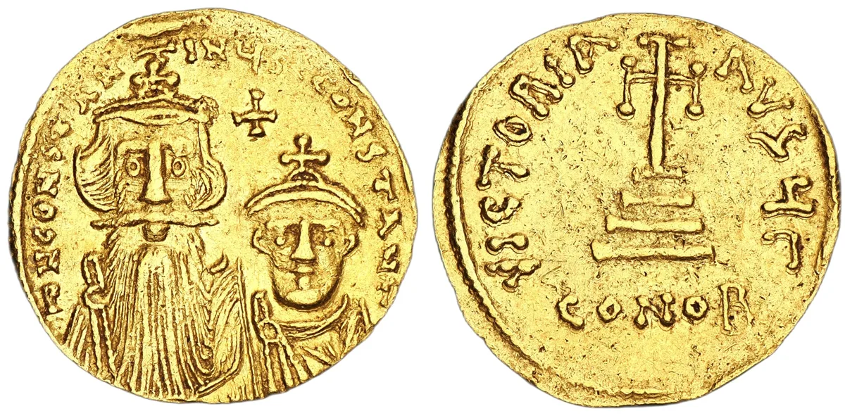Constans II with Constantine IV, 641-668. AV Solidus, Constantinople