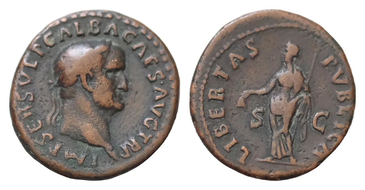 Galba. AD 68-69. Æ As (26mm, 9.41 g, ). Rome mint. Struck August-October AD 68. IMP SER SVLP GALBA CAES AVG TR P, laureate head right / LIBERTAS PVBLICA, S C