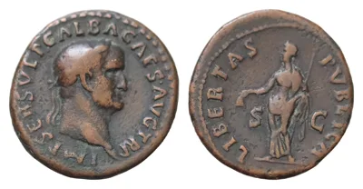 Galba. AD 68-69. Æ As (26mm, 9.41 g, ). Rome mint. Struck August-October AD 68. IMP SER SVLP GALBA CAES AVG TR P, laureate head right / LIBERTAS PVBLICA, S C