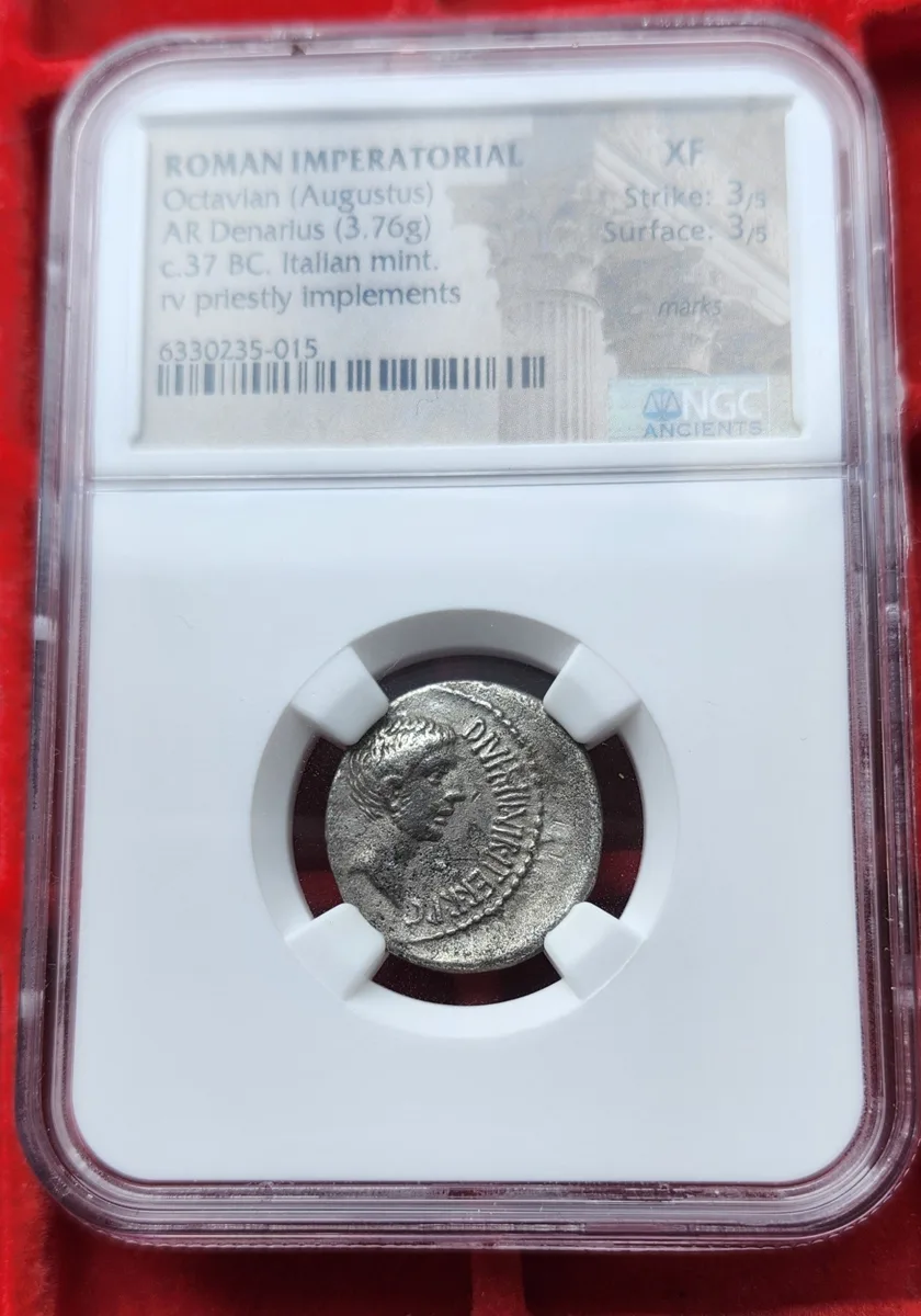 Octavian, Denarius, Summer 37 BC, Central Italy, Silver. NGC XF graded