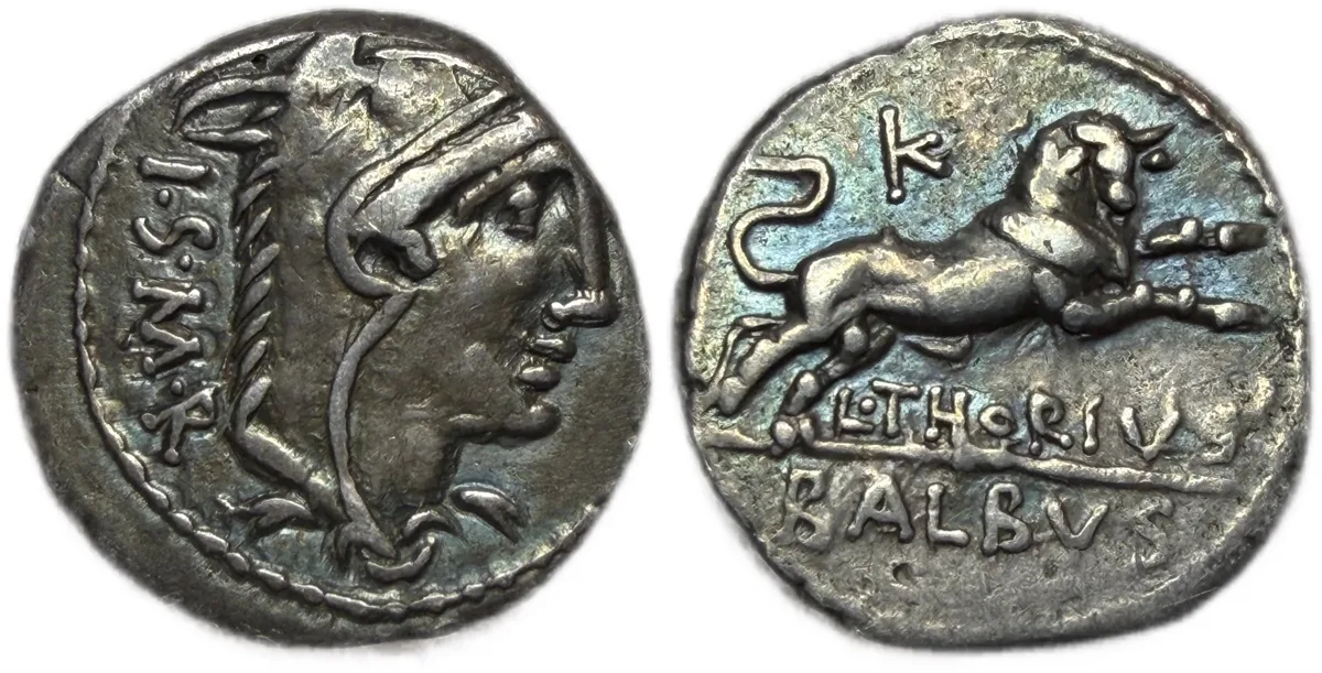 Share L Thorius Balbus Silver Denarius "Juno Sospita & Bull Charging"