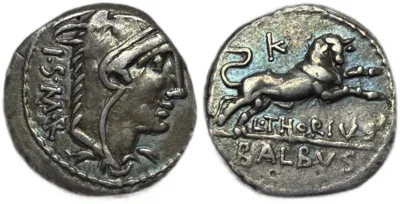 Share L Thorius Balbus Silver Denarius "Juno Sospita & Bull Charging"