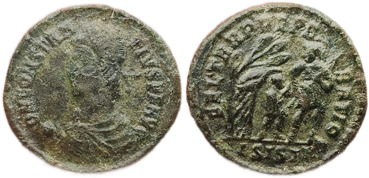Constantius II, soldier dragging barbarian from hut