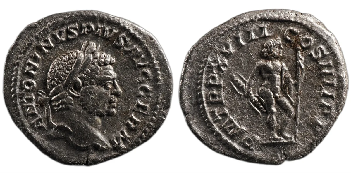 Caracalla AR Denarius, Rome AD 215, Jupiter Tonans, RIC IV 258c