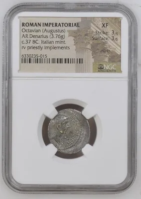 Octavian, Agustus Silver Denarius, Summer 37 BC, Central Italy, Silver. NGC XF
