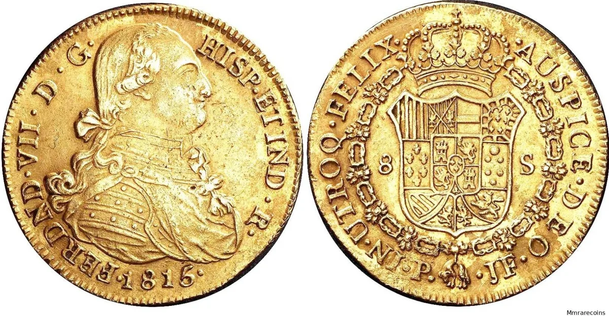 1815-P-JF Colombia, Ferdinand VII with portrait of Carlos IV 8 Escudos in gEF