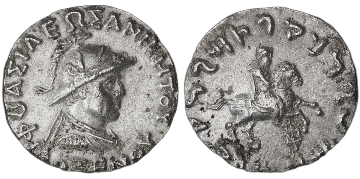 Indo-Greek Philoxenos Aniketos AR Tetradrachm, Horseman, Rare Monogram