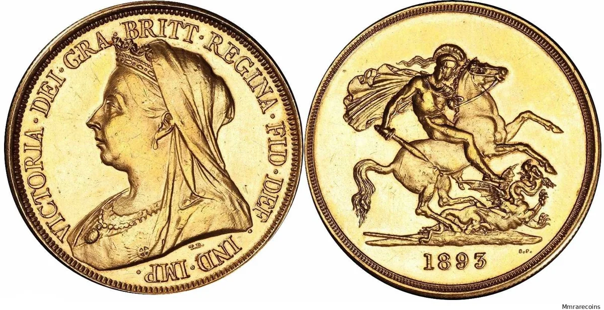 1893 Great Britain, Victoria veiled head, 5 Pounds gEF scarce