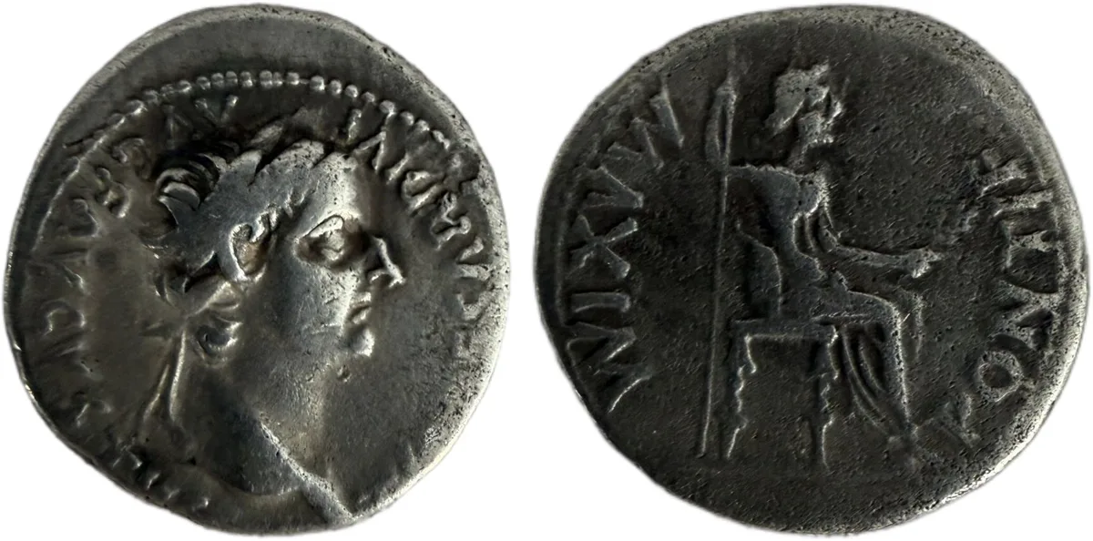 Tiberius (AD 14-37). AR denarius (18mm, 2h). Lugdunum Tribute Penny