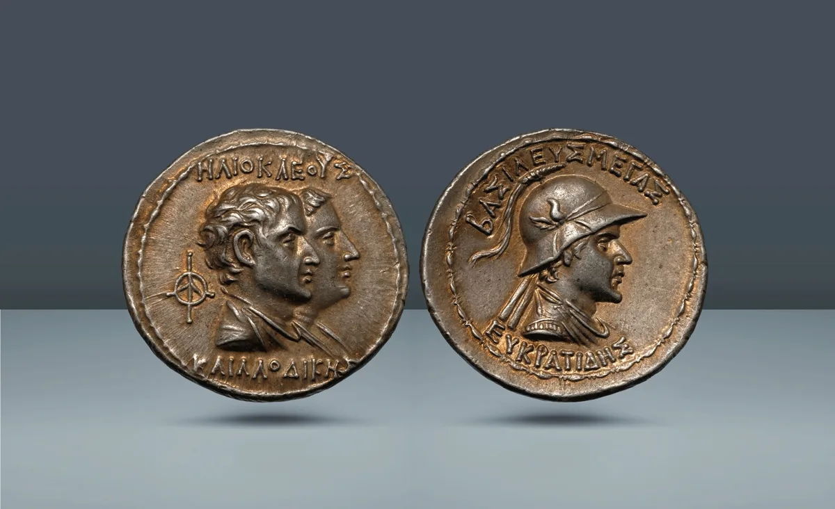 Greco-Bactrian, Bactrian Kingdom. Eukratides I Megas with Heliokles and Laodike, c. 170-145 BC