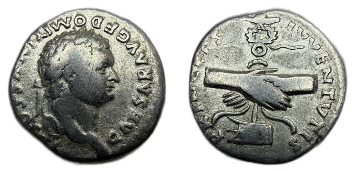 DOMITIAN (Caesar, 69-81). Denarius. Rome Clasped Hands