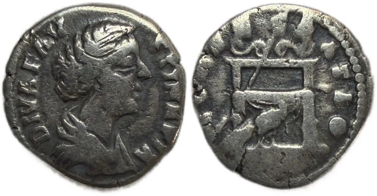 Diva Faustina II (wife of M. Aurelius) AR Denarius Throne/Sceptre/Peacock