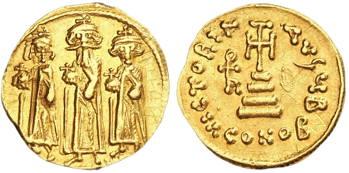 Heraclius, Heraclius Constantine, and Heraclonas, 639. AV Solidus
