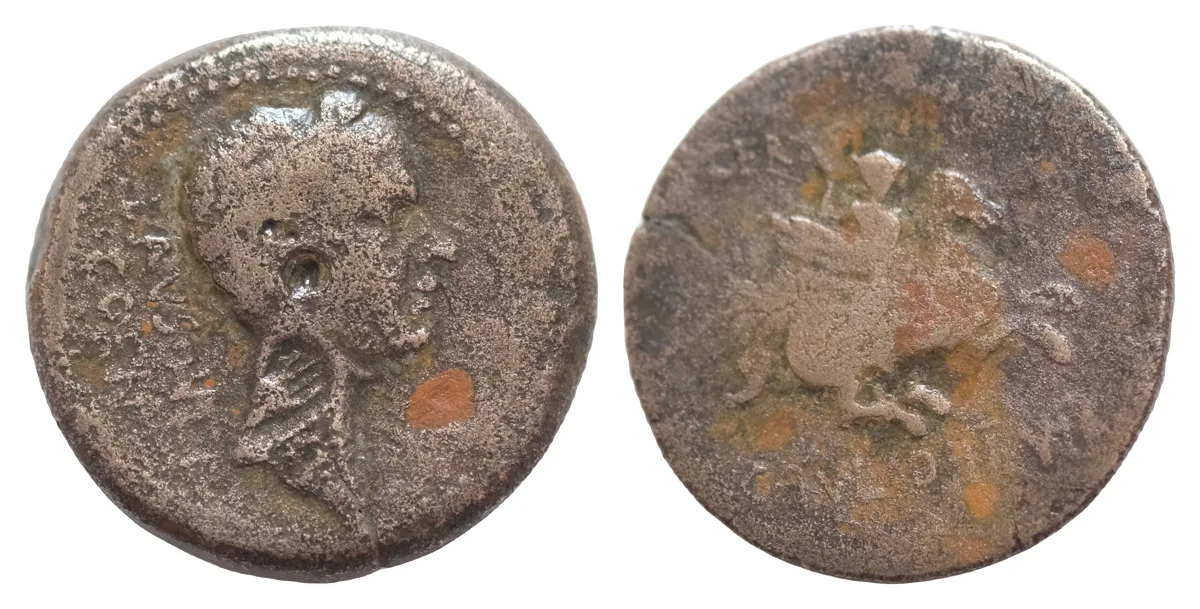 CORINTHIA, Corinth. Julius Caesar. 44-43 BC. Æ As (24mm, 10,49g, ). L. Aeficius Certus and C. Julius, duoviri. Laureate head right; c/m’s: open hand within rectangular incuse