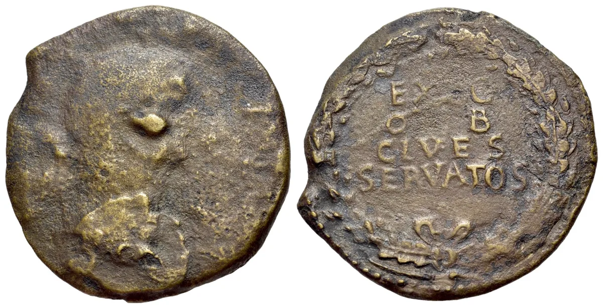 Claudius (41-54). Æ Sestertius (33mm, 14.18g). Rome mint. Legend w/in Oak-Wreath