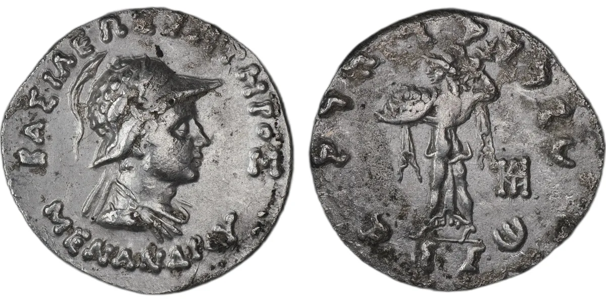 Menander I Soter AR Drachm, Greek–Kharosthi, Athena Alkidemos, 165–130 BC