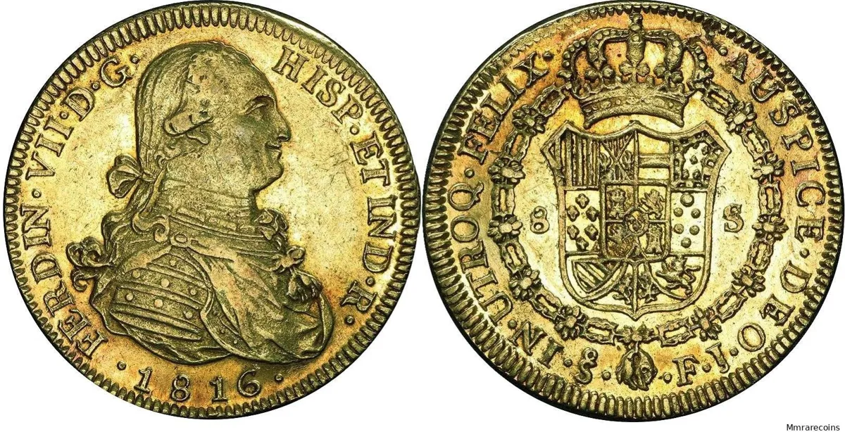 1816 Chile, Santiago mint, Ferdinand VII (bust of Charles IV) 8 Escudos EF/gEF toned