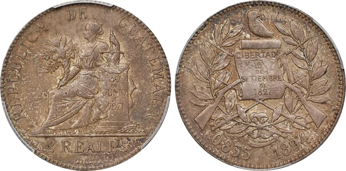 GUATEMALA. Silver 2 Reales, 1894. PCGS MS-62. Top Pop & Scarce!
