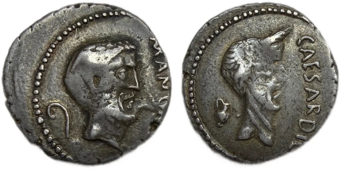 MARK ANTONY, with JULIUS CAESAR. Denarius (43 BC).