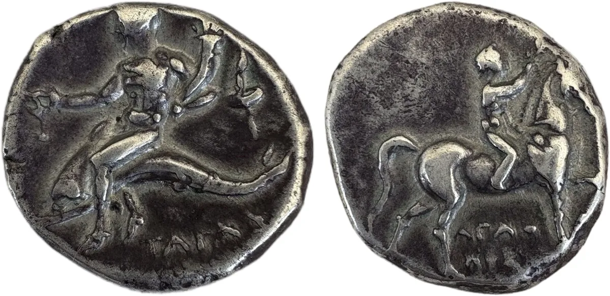 CALABRIA. Tarentum. Circa 272-240 BC. Didrachm or nomos Silver, 20.5 mm, 6.40 g